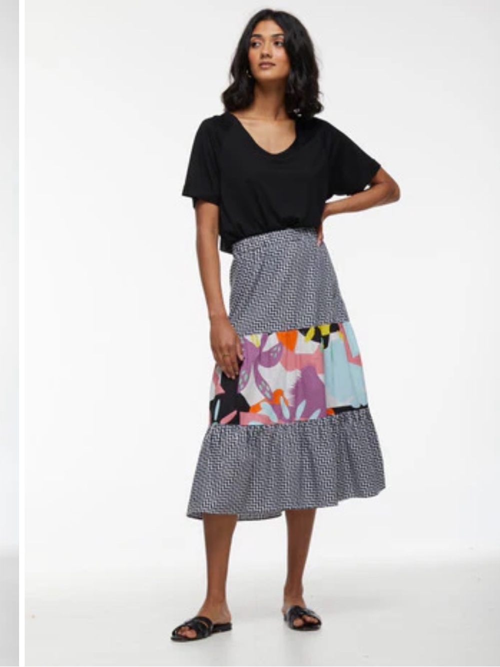 Black Checked Midi Skirt with Colorful Floral Band